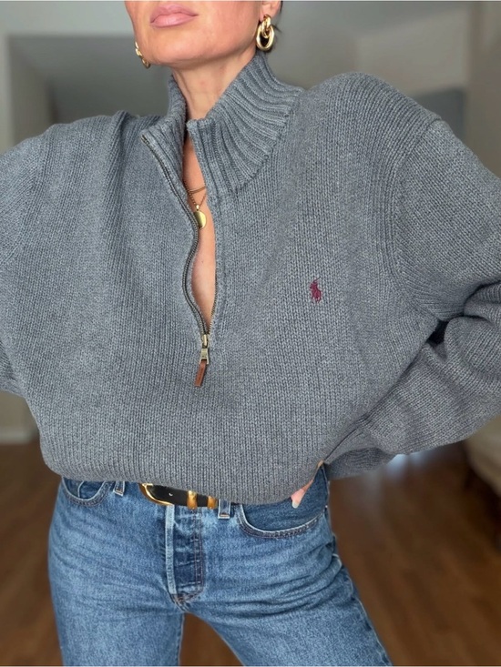 Ralph Lauren Sweaters - Vintage Ralph Lauren Gray Half-Zip Ribbed Wool Sweater